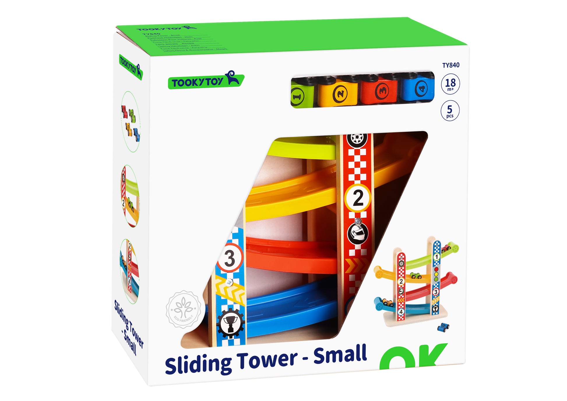 Pistă de mașini din lemn Tooky Toy cu rampe în cascadă și mașinuțe colorate. Ajută la dezvoltarea coordonării, atenției și logicii