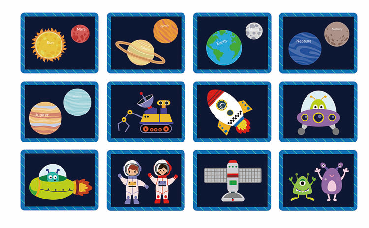 Carte interactivă tip puzzle magnetic spațiu pentru copii 3+ ani, cu planete, astronauți și nave spațiale pentru explorarea sistemului solar.