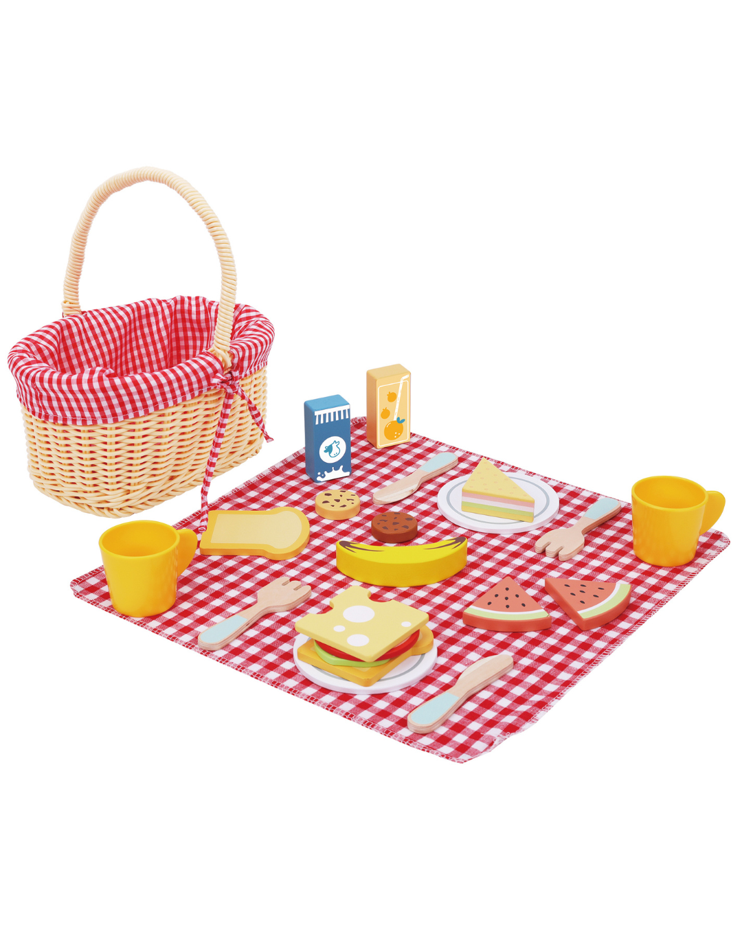 Set de picnic din lemn pentru copii 3+ ani, cu coș și accesorii precum fructe, legume și tacâmuri