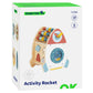 Centru de activități din lemn în formă de rachetă, cu abac, ceas, sortator, labirint, plăcuțe rotative și ușiță. Jucărie educativă completă