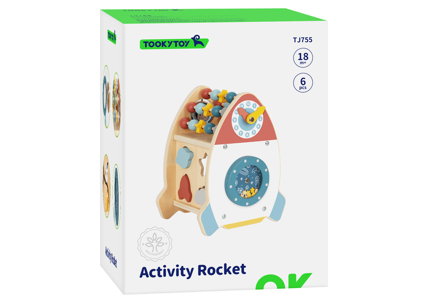 Centru de activități din lemn în formă de rachetă, cu abac, ceas, sortator, labirint, plăcuțe rotative și ușiță. Jucărie educativă completă