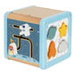 Cub de activități din lemn cu temă spațială, cu mărgele, sortator de forme, labirint, roți zimtate și plăcuțe rotative.