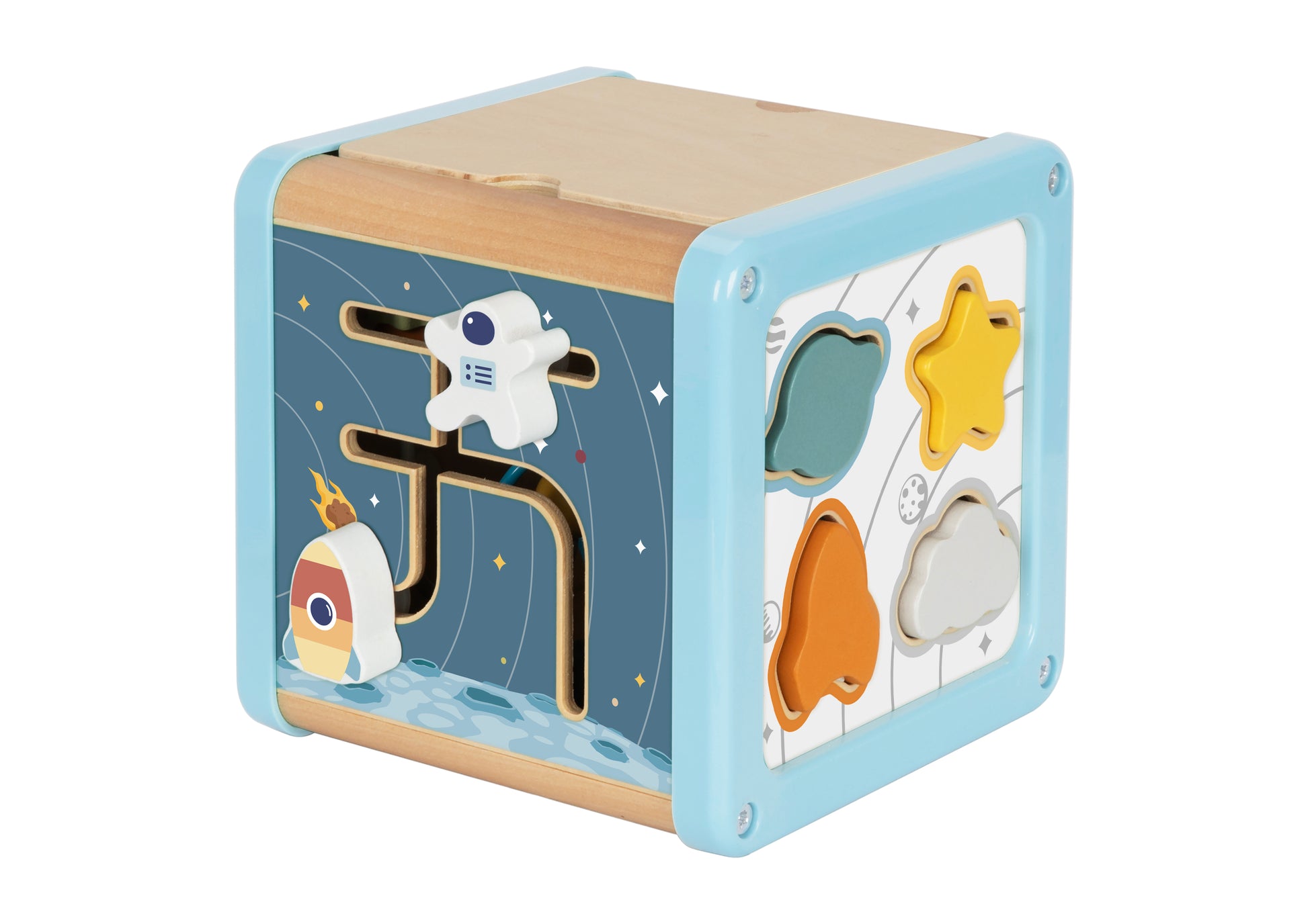 Cub de activități din lemn cu temă spațială, cu mărgele, sortator de forme, labirint, roți zimtate și plăcuțe rotative.
