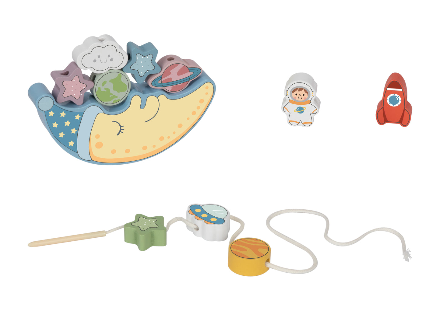 Joc educativ Montessori din lemn în formă de lună, cu stele, planete, rachetă și astronaut. 