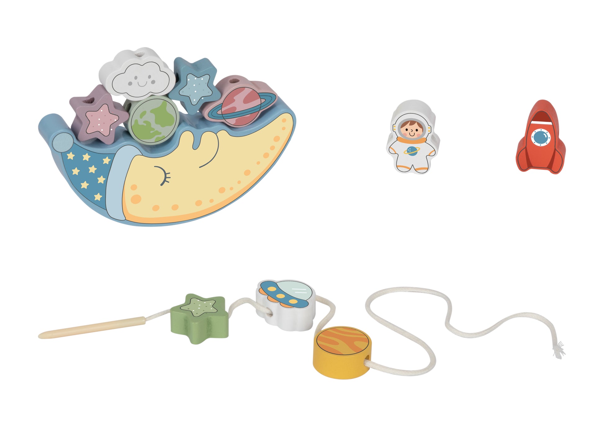 Joc educativ Montessori din lemn în formă de lună, cu stele, planete, rachetă și astronaut. 