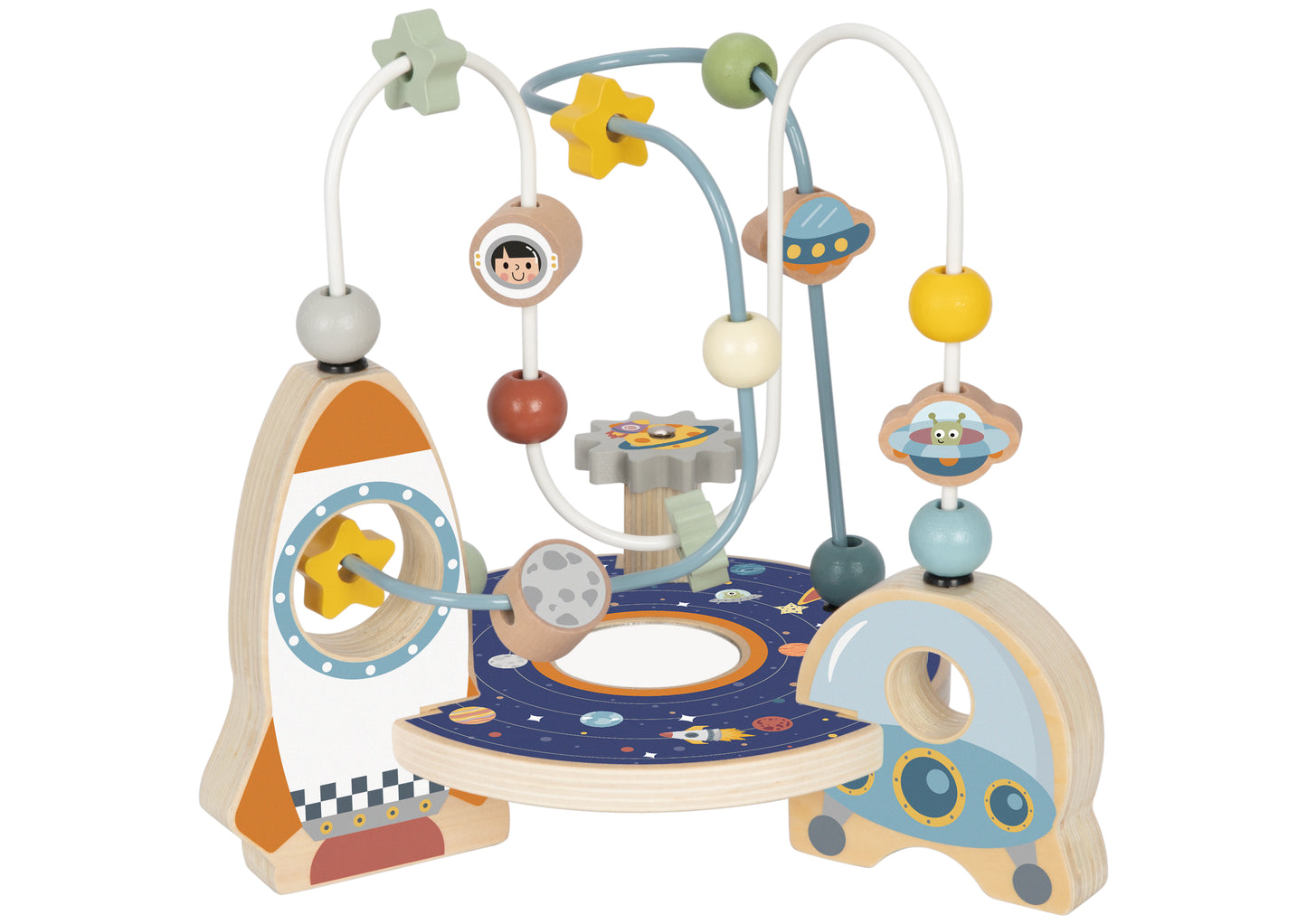 jucăria din lemn labirint cu temă Rachete & Spațiu, ideală pentru copii 24+ luni Dezvoltă motricitatea fină