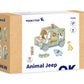 Mașină Jeep Safari sortatoare din lemn cu animale din junglă și doi omuleți. piese groase