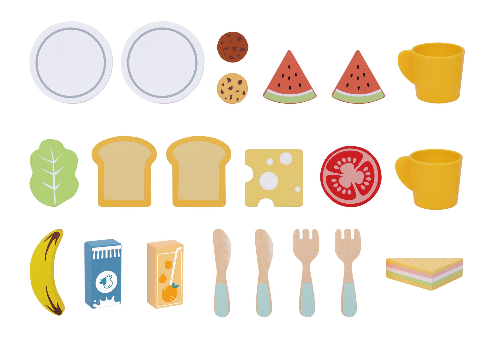 Set de picnic din lemn pentru copii 3+ ani, cu coș și accesorii precum fructe, legume și tacâmuri