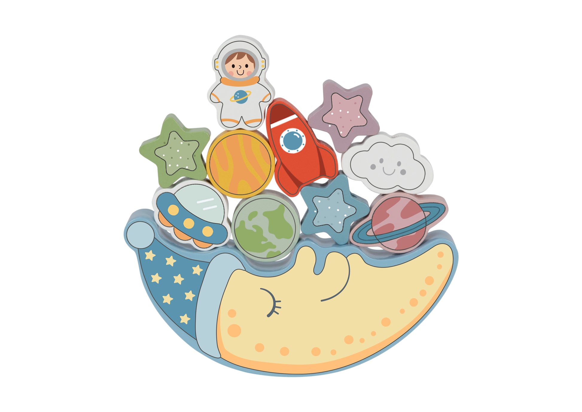 Joc educativ Montessori din lemn în formă de lună, cu stele, planete, rachetă și astronaut. 