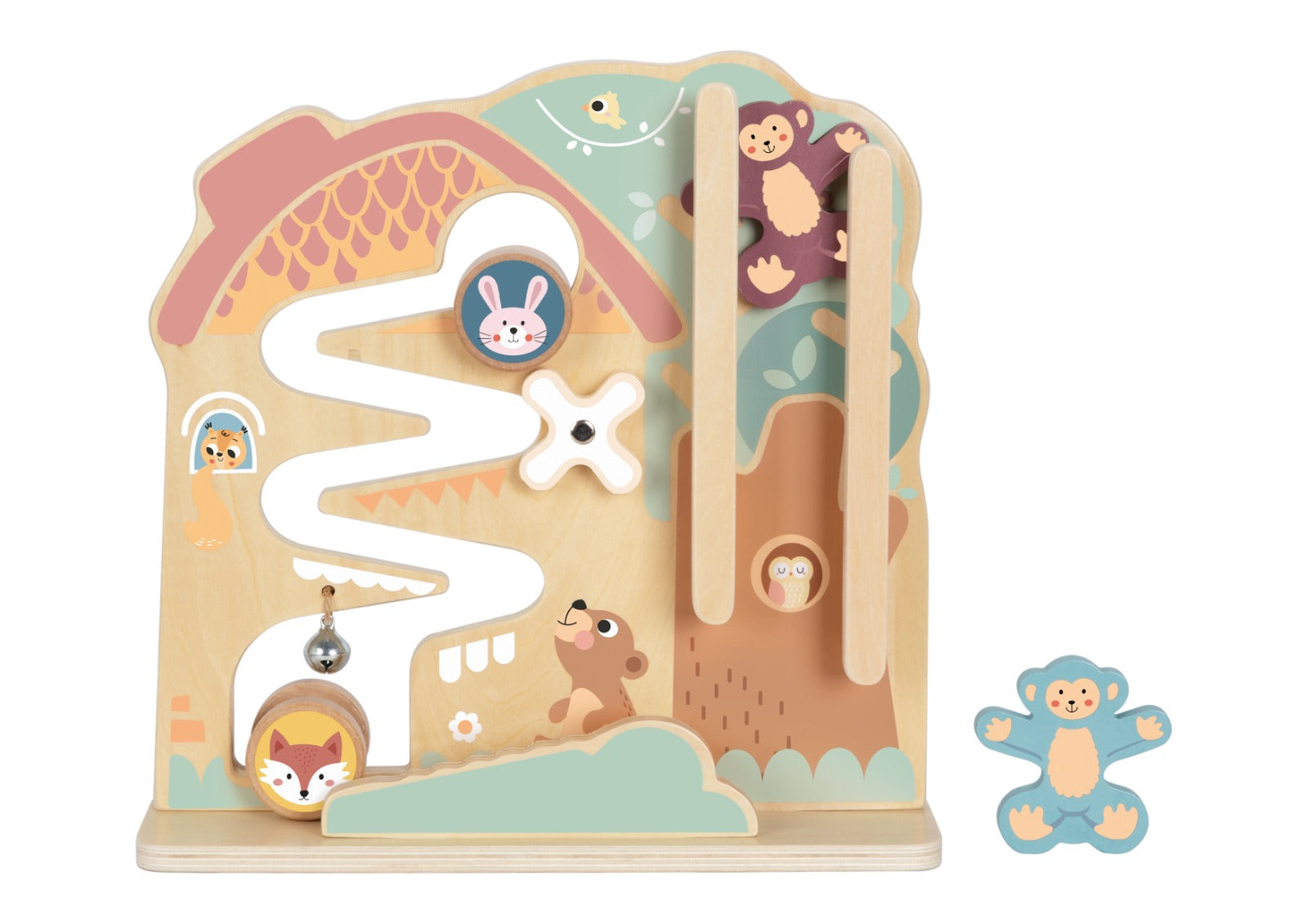 Căsuță interactivă cu circuit din lemn  pentru copii 18+ luni. Dezvoltă motricitatea fină, coordonarea și gândirea logică