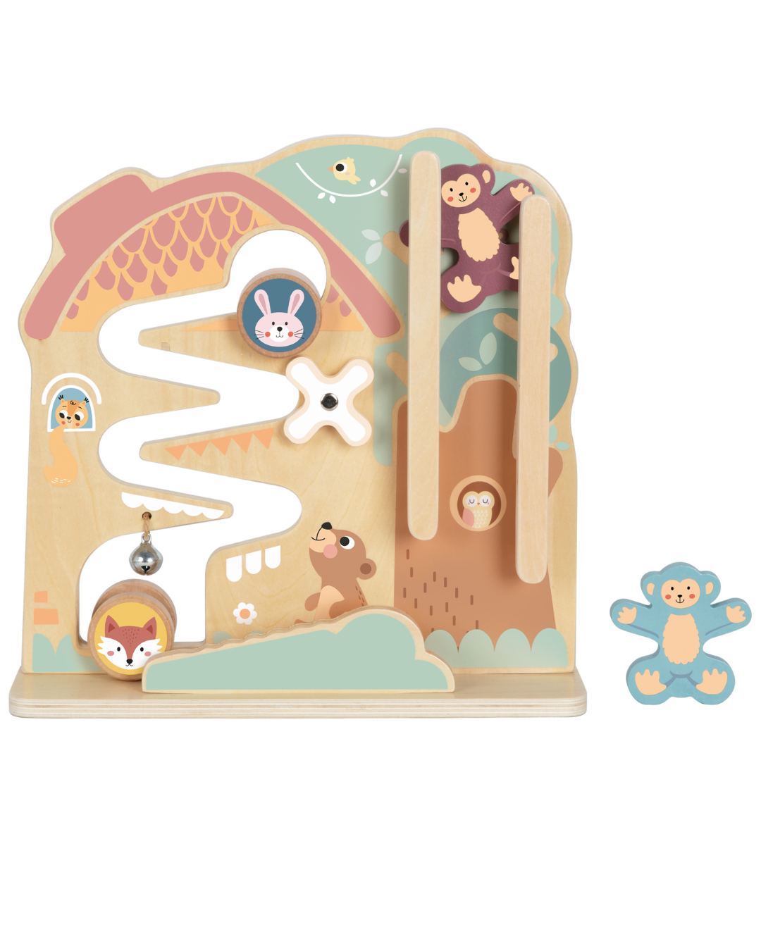 Căsuță interactivă cu circuit din lemn  pentru copii 18+ luni. Dezvoltă motricitatea fină, coordonarea și gândirea logică