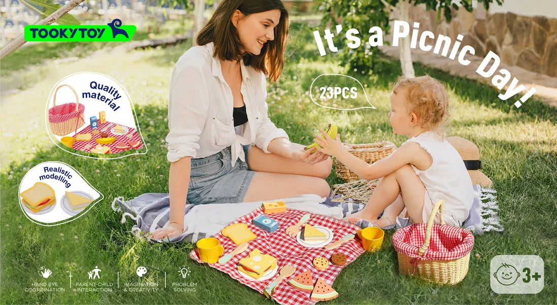 Set de picnic din lemn potrivit pentru copiii de peste 3 ani, ideal pentru joacă individuală sau împreună cu prietenii.