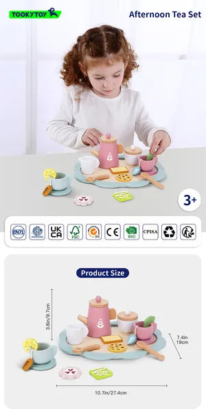 Set de ceai din lemn în culori pastelate, ideal pentru copiii de peste 3 ani și pentru jocuri de rol creative.