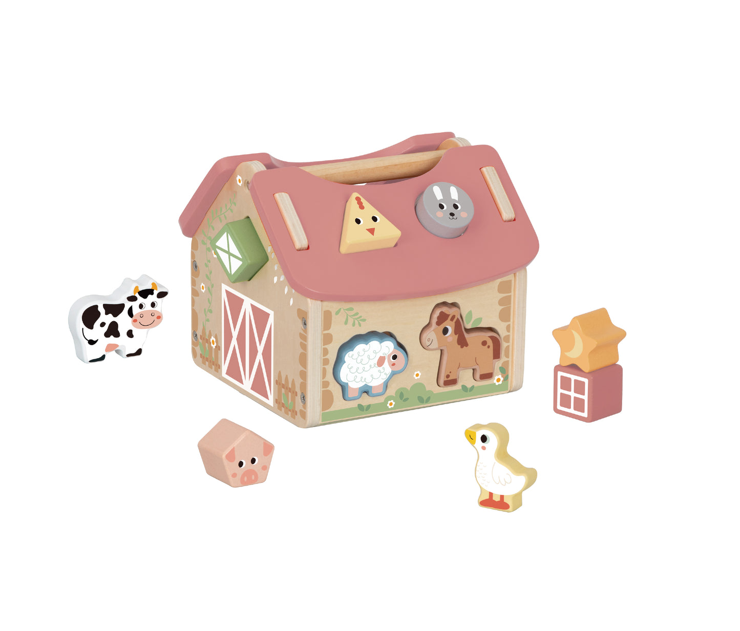 Casă din lemn în formă de fermă cu animale, sortator de forme geometrice și acoperiș detașabil