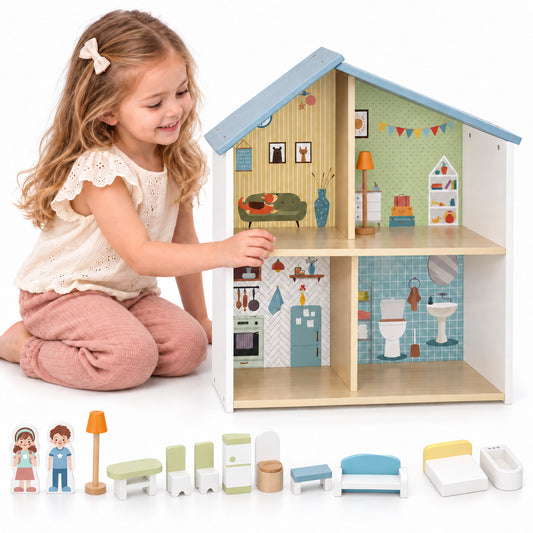 Casuta de Papusi Compacta din Lemn, 2 Niveluri, 4 Camere Deschise, Mobilier Inclus si 2 Figurine, Joc de Rol 3+ Ani