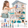 Casuta de Papusi din Lemn TOOKY TOY, 3 Etaje, 4 Camere si Terasa, Set cu 30 Accesorii, Inclusiv 6 Figurine, 69,8 cm, 3 Ani+