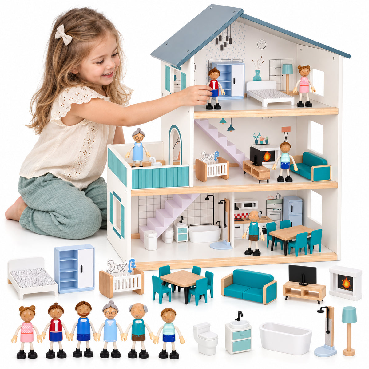 Casuta de Papusi din Lemn TOOKY TOY, 3 Etaje, 4 Camere si Terasa, Set cu 30 Accesorii, Inclusiv 6 Figurine, 69,8 cm, 3 Ani+