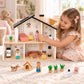 Casuta de Papusi din Lemn, HappyFamily House, 2 Niveluri, 4 Camere, Terasa, Familie cu 4 Figurine, Catel si Cusca, Mobilier pentru Dormitor, Living, Bucatarie si Baie, Acoperis Negru, Joc de Rol 3+ Ani