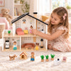 Casuta de Papusi din Lemn, HappyFamily House, 2 Niveluri, 4 Camere, Terasa, Familie cu 4 Figurine, Catel si Cusca, Mobilier pentru Dormitor, Living, Bucatarie si Baie, Acoperis Negru, Joc de Rol 3+ Ani