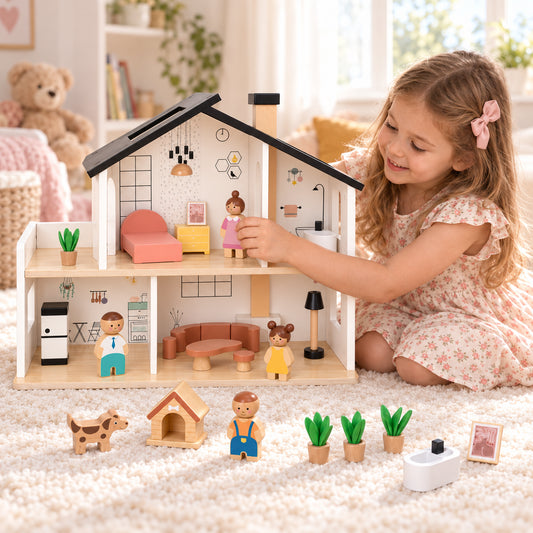 Casuta de Papusi din Lemn, HappyFamily House, 2 Niveluri, 4 Camere, Terasa, Familie cu 4 Figurine, Catel si Cusca, Mobilier pentru Dormitor, Living, Bucatarie si Baie, Acoperis Negru, Joc de Rol 3+ Ani