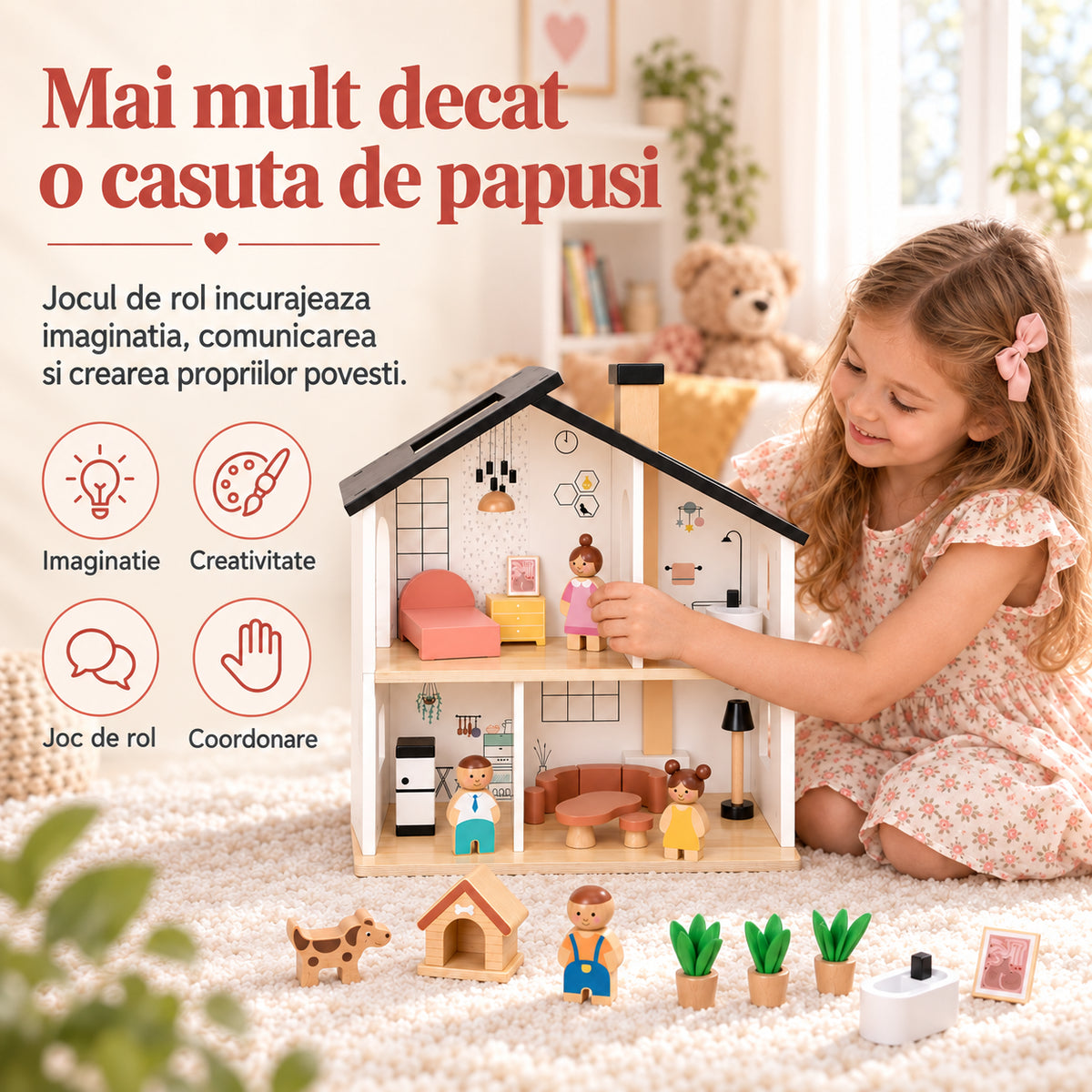 Casuta de Papusi din Lemn, HappyFamily House, 2 Niveluri, 4 Camere, Terasa, Familie cu 4 Figurine, Catel si Cusca, Mobilier pentru Dormitor, Living, Bucatarie si Baie, Acoperis Negru, Joc de Rol 3+ Ani