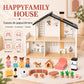 Casuta de Papusi din Lemn, HappyFamily House, 2 Niveluri, 4 Camere, Terasa, Familie cu 4 Figurine, Catel si Cusca, Mobilier pentru Dormitor, Living, Bucatarie si Baie, Acoperis Negru, Joc de Rol 3+ Ani
