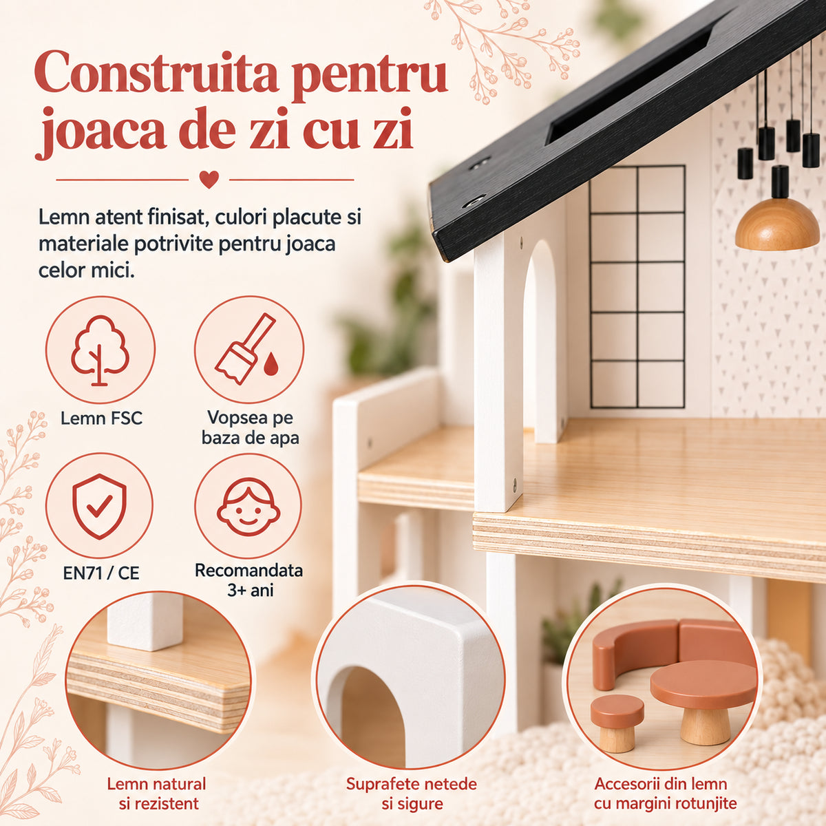 Casuta de Papusi din Lemn, HappyFamily House, 2 Niveluri, 4 Camere, Terasa, Familie cu 4 Figurine, Catel si Cusca, Mobilier pentru Dormitor, Living, Bucatarie si Baie, Acoperis Negru, Joc de Rol 3+ Ani