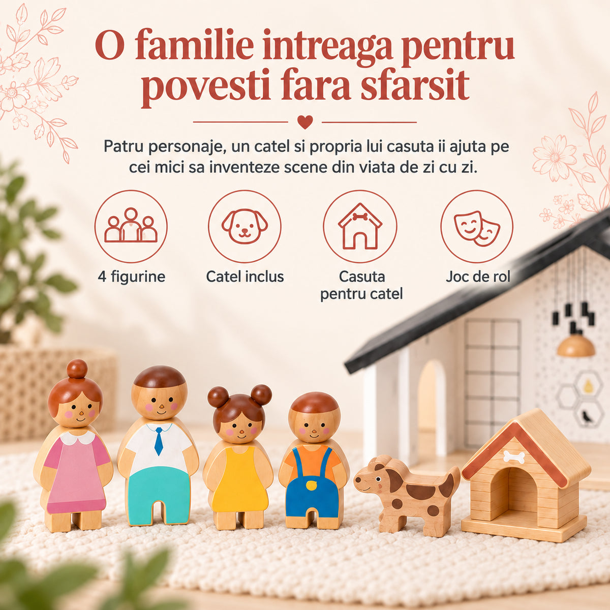 Casuta de Papusi din Lemn, HappyFamily House, 2 Niveluri, 4 Camere, Terasa, Familie cu 4 Figurine, Catel si Cusca, Mobilier pentru Dormitor, Living, Bucatarie si Baie, Acoperis Negru, Joc de Rol 3+ Ani