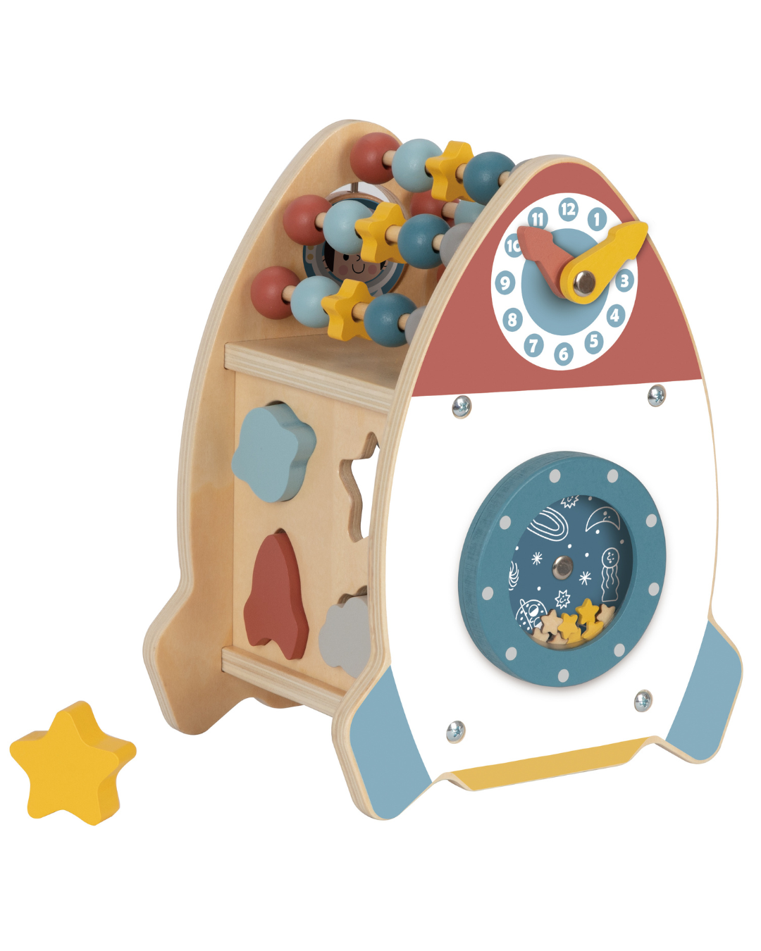 Centru de activități din lemn în formă de rachetă, cu abac, ceas, sortator, labirint, plăcuțe rotative și ușiță. Jucărie educativă completă