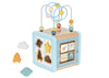 Cub de activități din lemn cu temă spațială, cu mărgele, sortator de forme, labirint, roți zimtate și plăcuțe rotative.