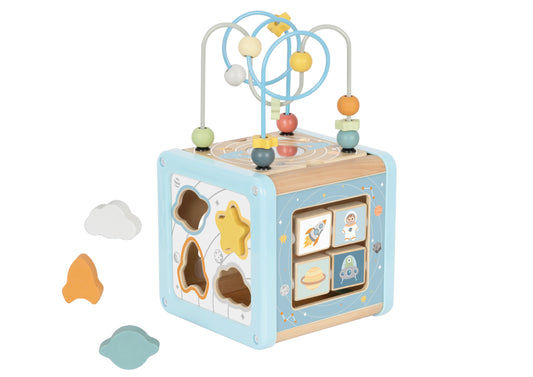 Cub de activități din lemn cu temă spațială, cu mărgele, sortator de forme, labirint, roți zimtate și plăcuțe rotative.