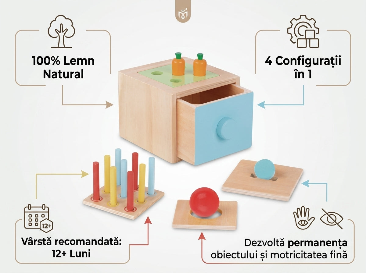Cutia Permanenței Obiectului – Jucărie Educativă Montessori 4 în 1 din Lemn pentru Copii 12+ Luni