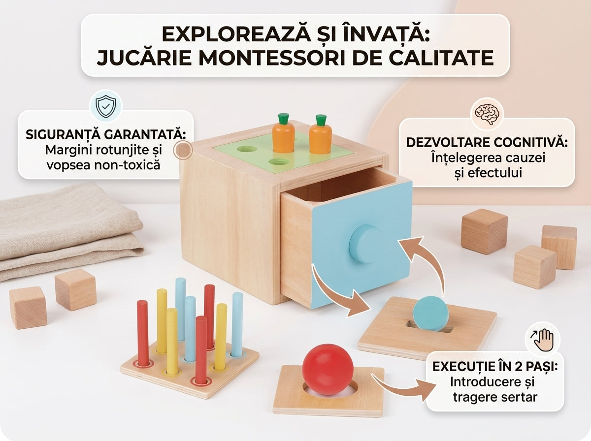 Cutia Permanenței Obiectului – Jucărie Educativă Montessori 4 în 1 din Lemn pentru Copii 12+ Luni