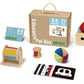 Cutie educativă Montessori pentru bebeluși 0-6 luni cu 21 de piese senzoriale din lemn și materiale textile.