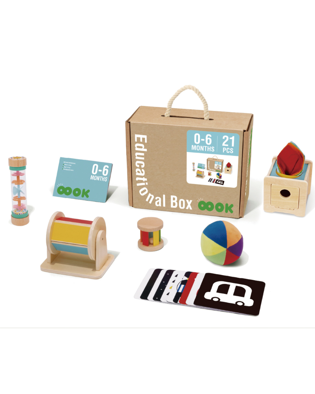 Cutia Montessori 0–6 luni: set educațional cu 21 piese, jucării senzoriale din lemn pentru dezvoltarea bebelușului