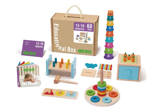 Cutie educativă Montessori pentru copii 13-18 luni cu jocuri din lemn pentru dezvoltarea motricității și gândirii logice.