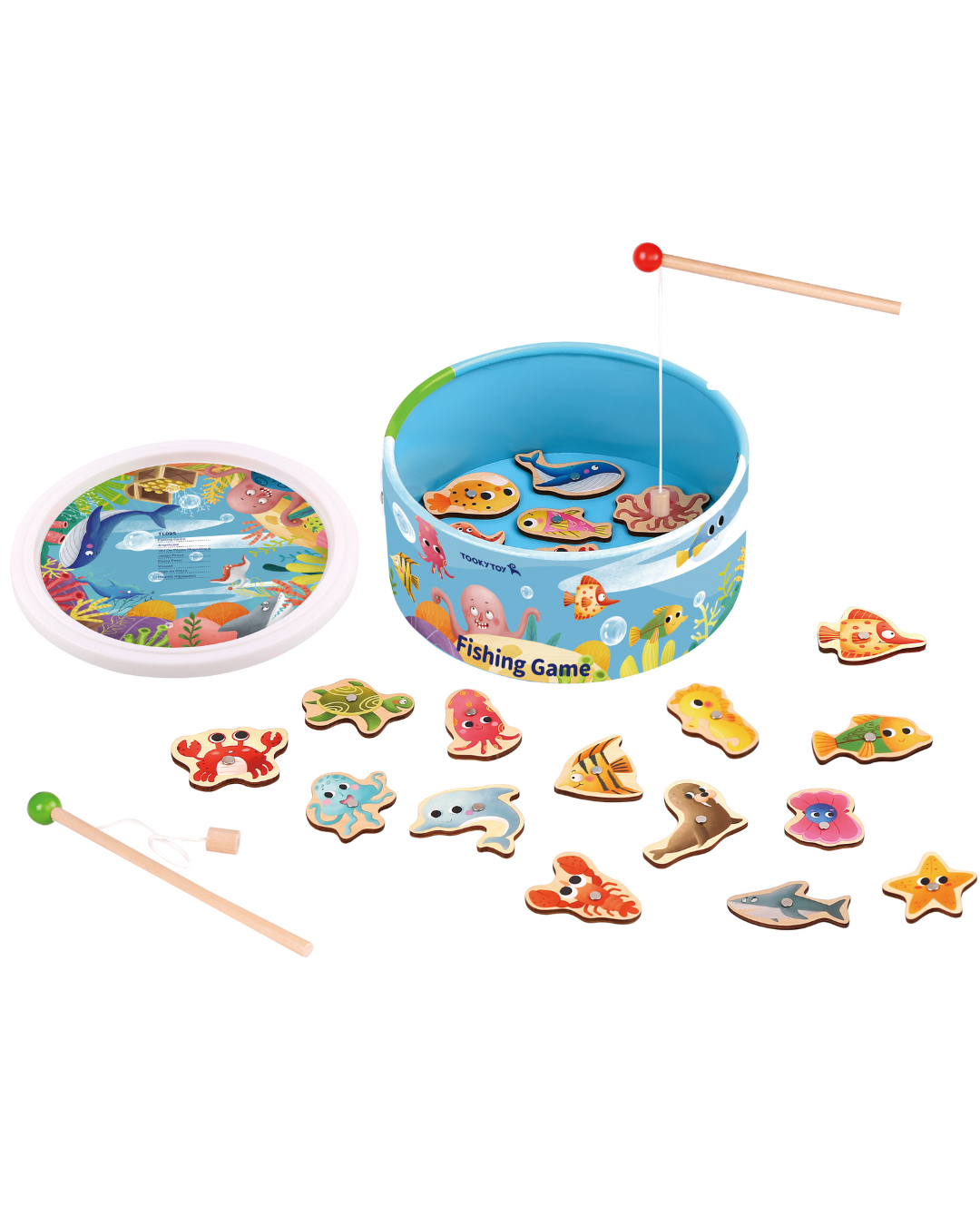 jocul de pescuit magnetic din lemn, cu pești colorați și două undițe Vine într-o cutie rotundă practică