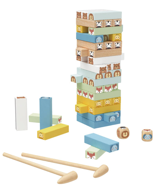 Joc Jenga din lemn cu piese ilustrate cu animale din junglă, două ciocănele și carduri cu imagini