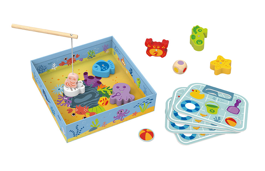 Joc de pescuit magnetic din lemn Tooky Toy, cu peștișori colorați și undițe magnetice. Ideal pentru dezvoltarea coordonării, motricității fine și atenției.