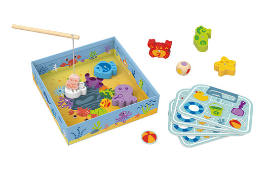 Joc de pescuit magnetic din lemn Tooky Toy, cu peștișori colorați și undițe magnetice. Ideal pentru dezvoltarea coordonării, motricității fine și atenției.