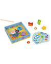 Joc de pescuit magnetic din lemn Tooky Toy, cu peștișori colorați și undițe magnetice. Ideal pentru dezvoltarea coordonării, motricității fine și atenției.