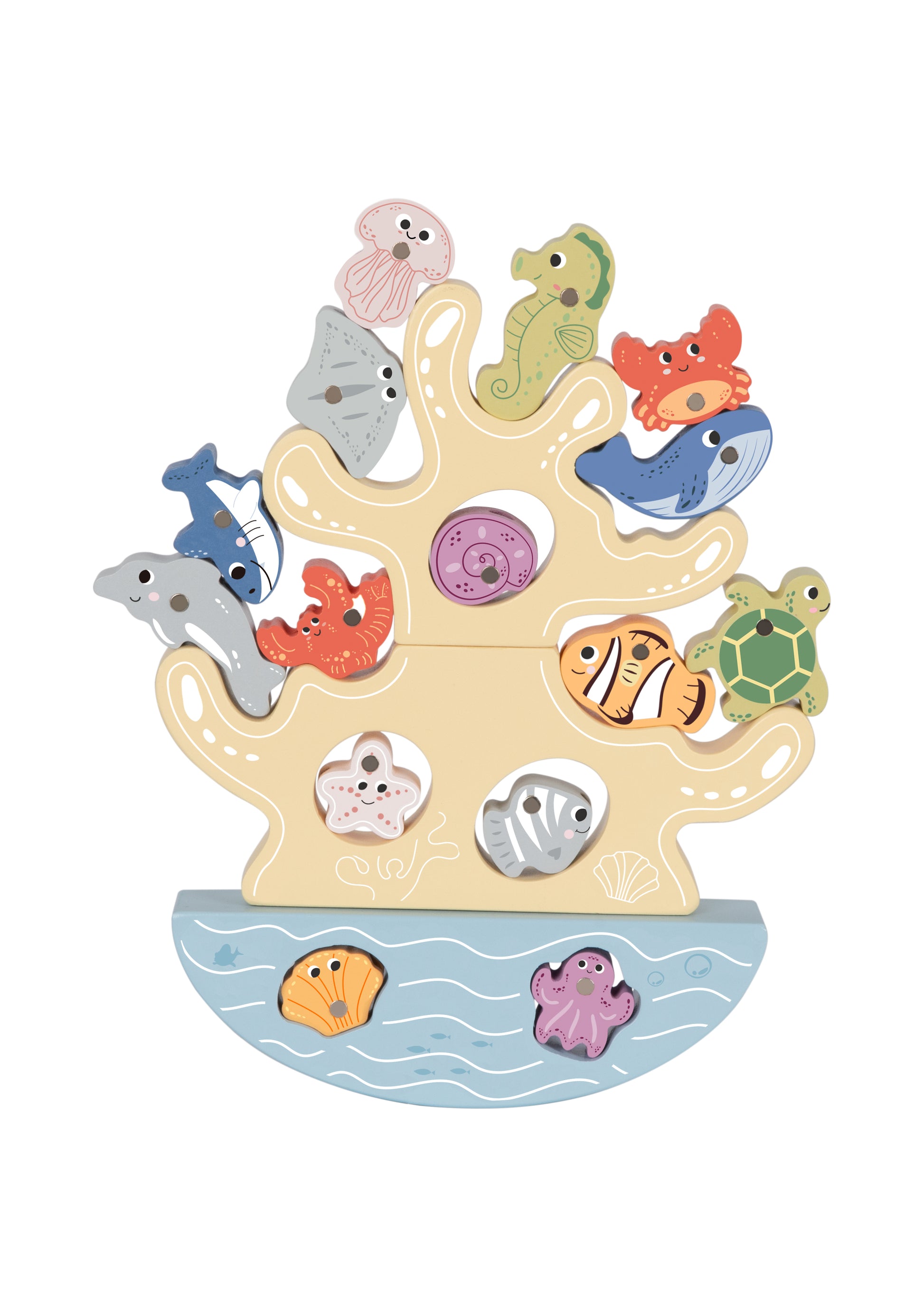 Joc din lemn 3 în 1: pescuit magnetic, șnuruire și echilibru. Include pești cu magneți, două undițe, piese perforate și bază din lemn.