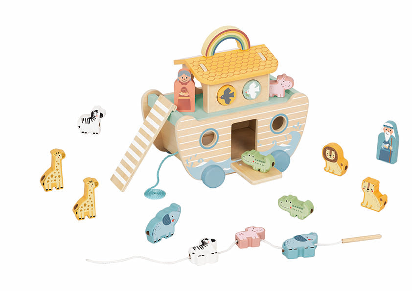 Jucărie din lemn Arca lui Noe cu animale de înșiruit, cărticică și șnur pentru tras. 