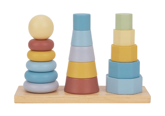 Jucărie din lemn de stivuit cu trei coloane colorate. Dezvoltă motricitatea fină, logica și coordonarea