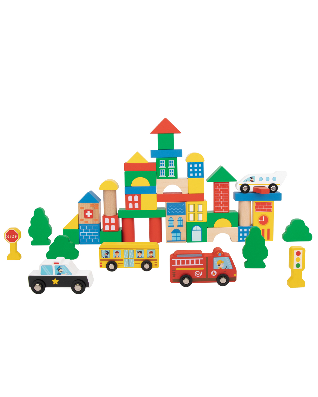 Set din lemn Montessori City Blocks cu blocuri colorate, vehicule, copaci, semafor și STOP. Perfect pentru construit orașe, joc educativ 