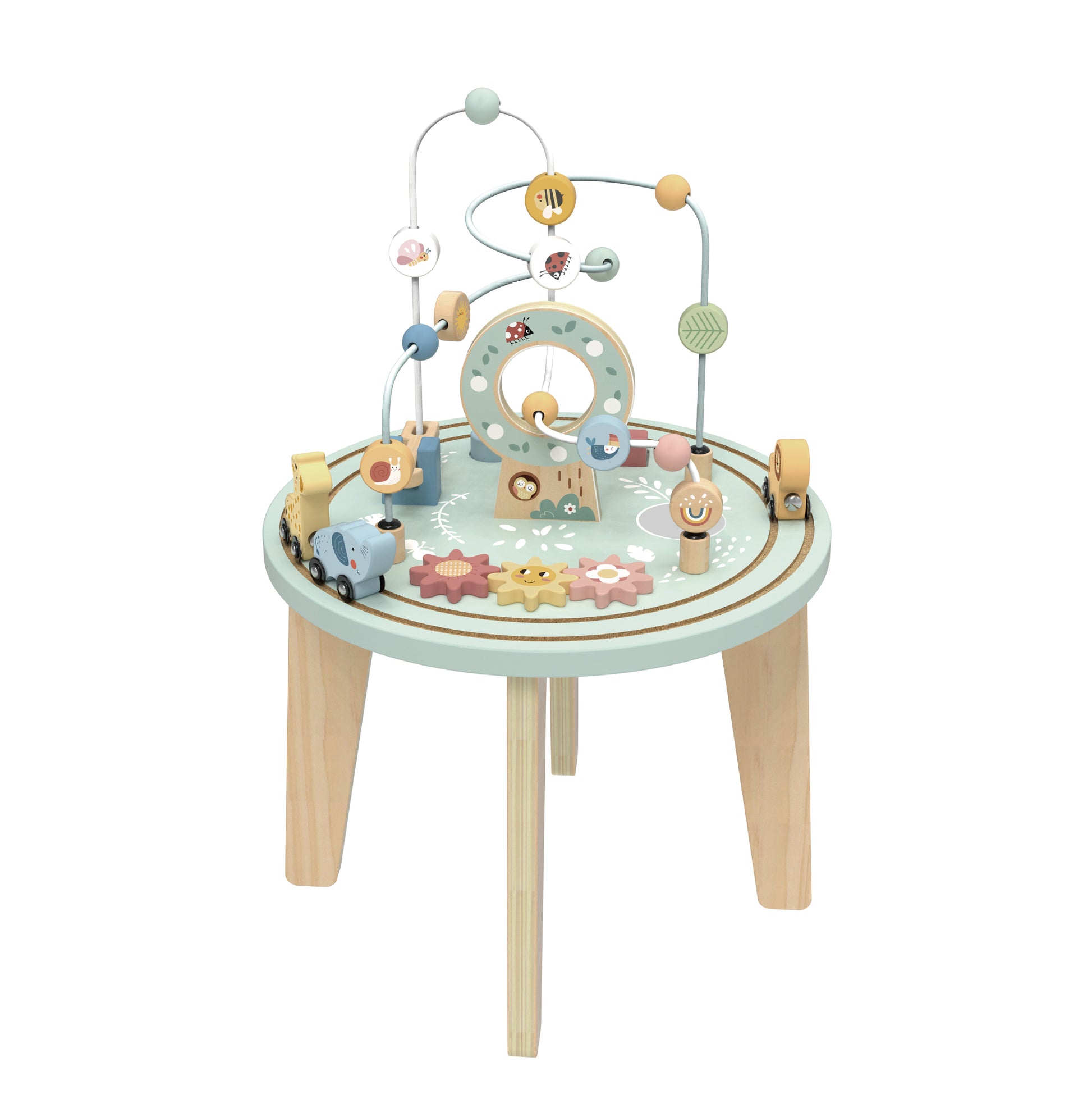 Măsuța de Activități din Lemn, o jucărie educativă concepută pentru copii de 12+ luni.