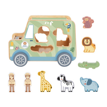 Mașină Jeep Safari sortatoare din lemn cu animale din junglă și doi omuleți. piese groase