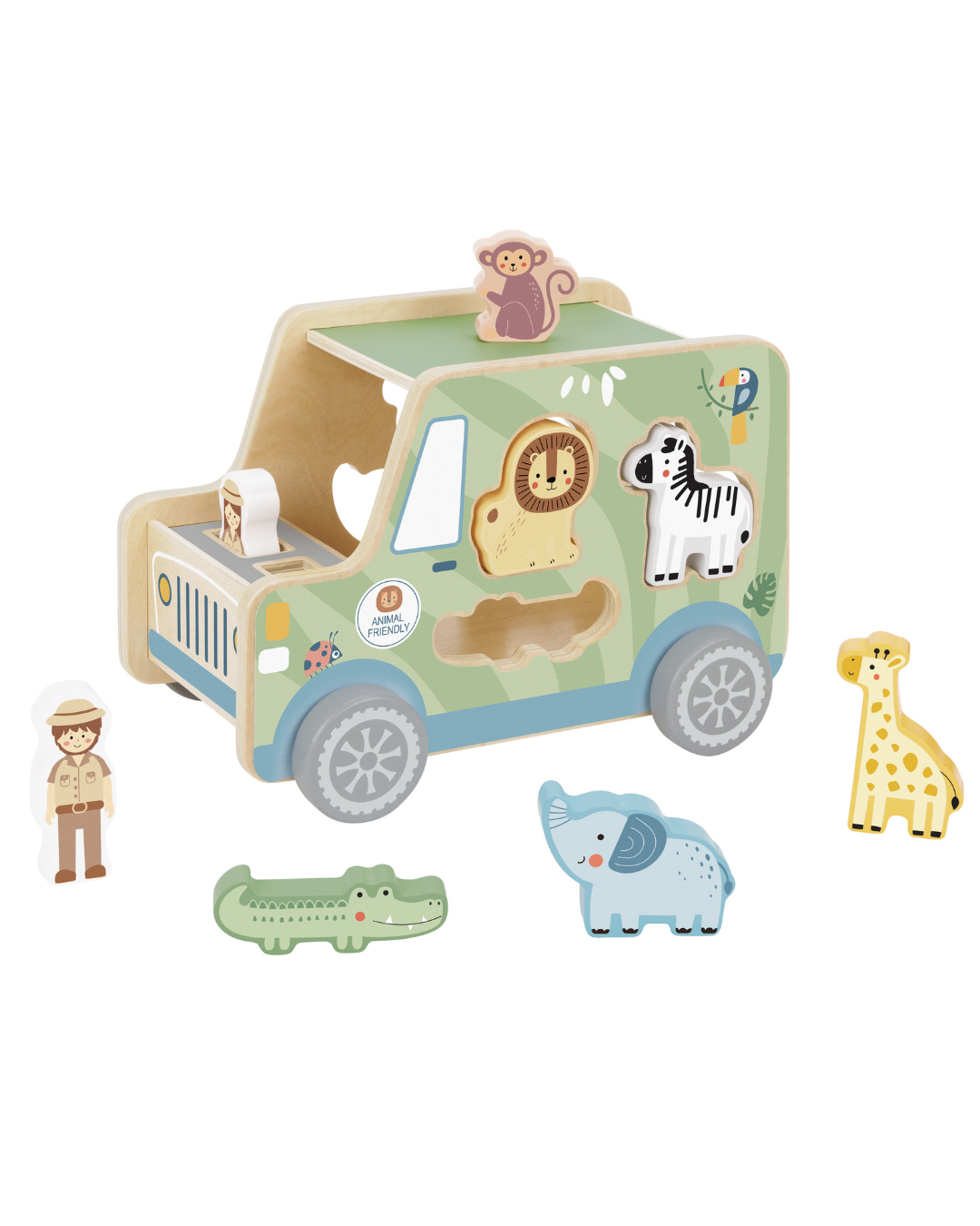 Mașină Jeep Safari sortatoare din lemn cu animale din junglă și doi omuleți. piese groase