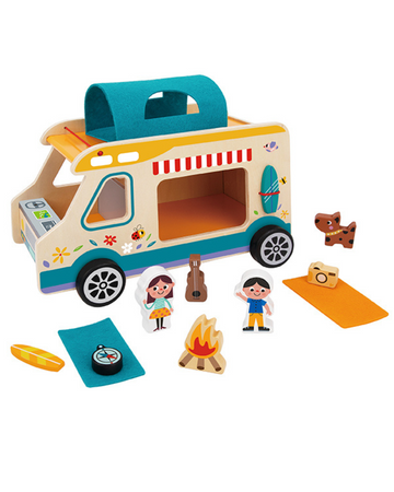 Mașinuță de camping (RV) din lemn – jucărie Montessori naturală, durabilă și sigură, Perfectă pentru copii creativi 
