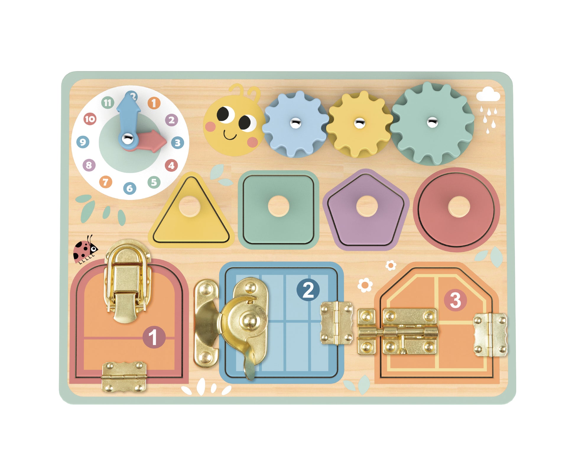 Placă de activități din lemn Tooky Toy cu ceas, roți zimțate, forme de potrivit și uși cu animale. 